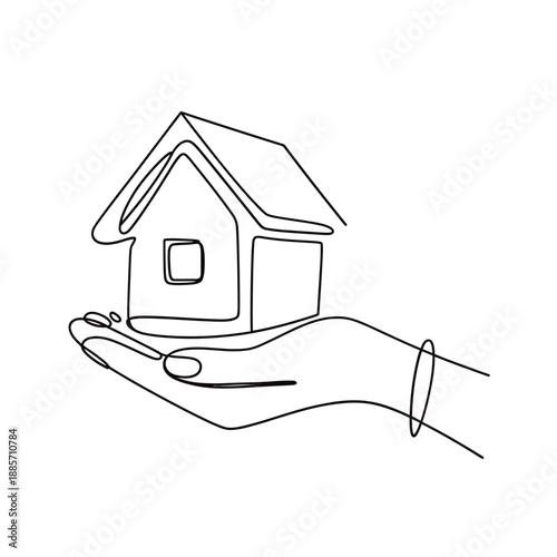 A simple line drawing of a house held in a protective hand
