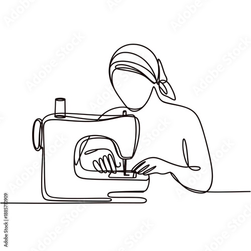 A continuous line drawing of a woman operating a sewing machine
