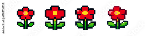 Retro pixel art red flowers with green stems and leaves on a white background