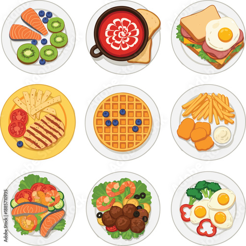 Breakfast meal dishes collection with eggs waffles salmon and sandwiches vector illustration set