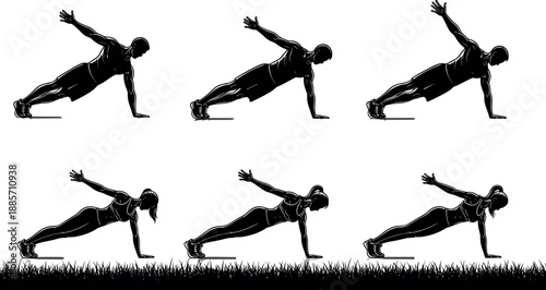 Side plank exercise silhouettes set showing male and female athletes performing core strength workout, fitness training poses isolated on white background illustration