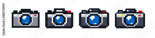 Pixel art camera icons in a row, showing different styles and details