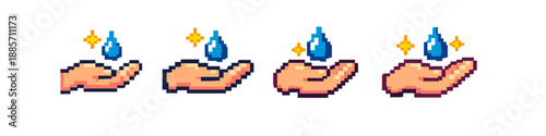 Pixel art hands holding a water droplet with sparkling stars, representing hygiene and cleanliness