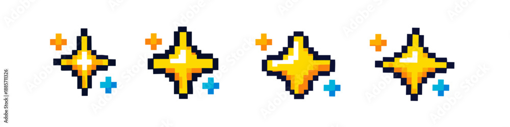 Fototapeta premium Pixel art sparkling stars and glitters in golden yellow and blue colors