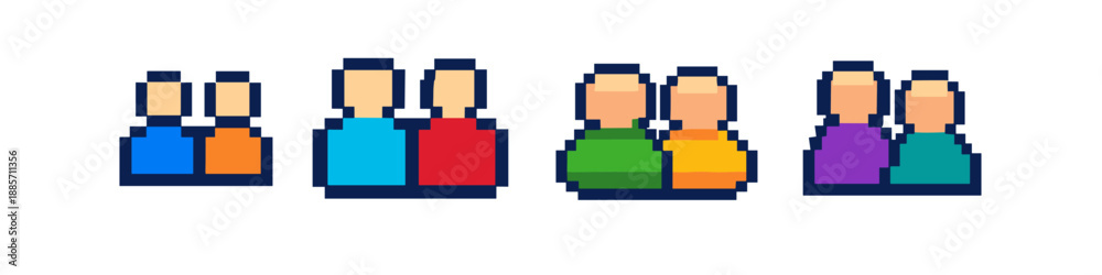 Obraz premium Pixel art icons representing groups of people in different color combinations