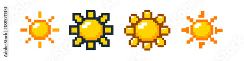 Collection of pixel art sun icons with different styles and colors