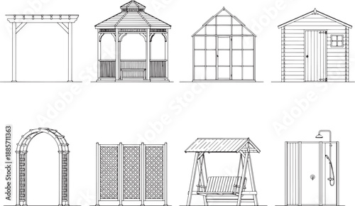 Architectural garden elements are meticulously illustrated. The designs are presented as line drawings, showcasing diverse styles.