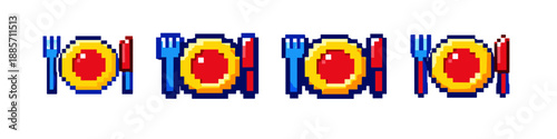 Retro pixel art of a place setting with fork, plate, and knife repeated four times