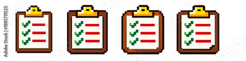 Pixel art clipboards with checkmarks and red lines, representing tasks completed and pending
