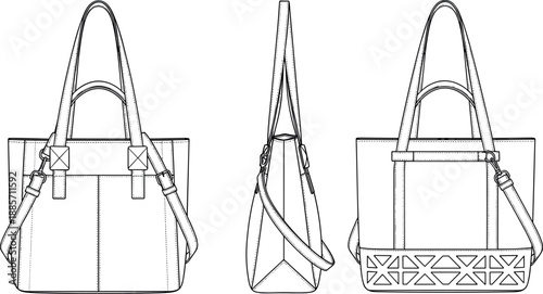 Tote handbag technical line illustration showing front side and back views with shoulder strap details isolated on white background fashion accessory template