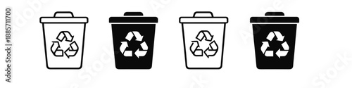 Set of recycling bins with the universal recycling symbol in black and white outline