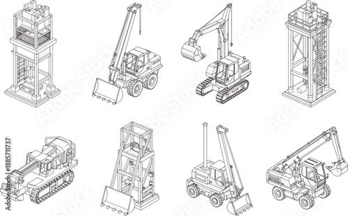 Detailed isometric illustrations of heavy construction machines and industrial structures. showing various types of construction equipment, capturing the intricate details, and design.