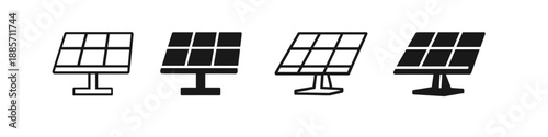 Set of four solar panel icons in different styles, representing renewable energy technology