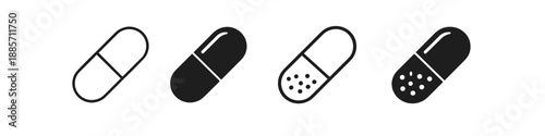 Set of four capsule icons showing different styles and fill levels for medical treatment