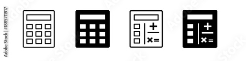 Set of four calculator icons in outline and solid black styles for digital use