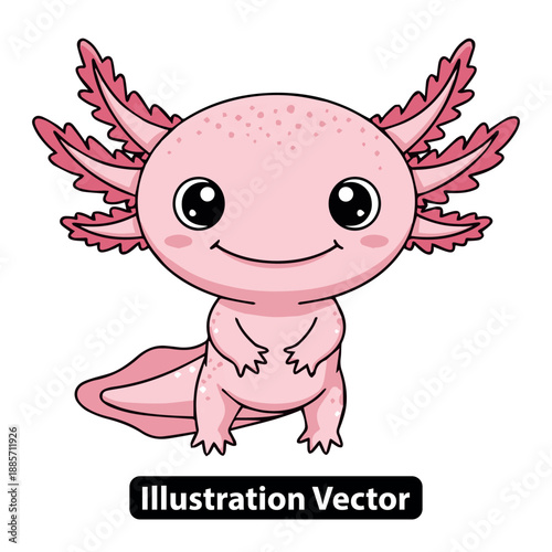 Adorable cartoon axolotl with pink gills and smiling face in vector illustration style