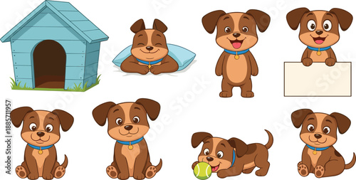Cute puppy dog cartoon character poses with kennel and toys vector illustration setCute puppy dog cartoon character poses with kennel and toys vector illustration set