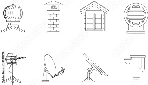 A collection of line art illustrations that represent the variety of roof elements, ideal for architectural and design concepts.