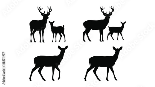 Four black deer figures including a fawn presented in a striking silhouette