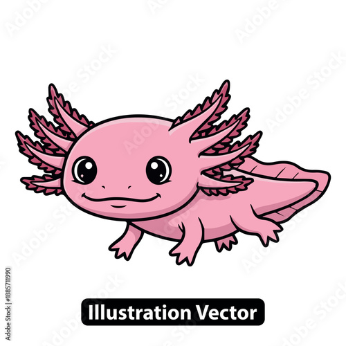 A smiling axolotl with pink gills is happily swimming in a calm aquatic environment from a side viewpoint as an illustration