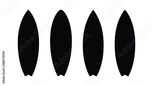 Four black surfboard shapes displayed in a striking silhouette