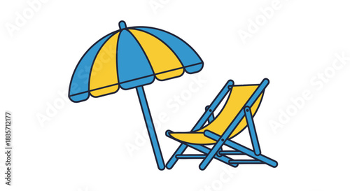 Beach chair and umbrella in vibrant colors with bold lines on white background for summer vacation transparent background