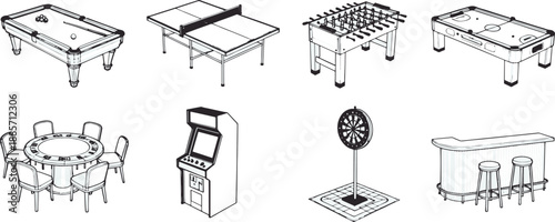 Game Room Elements: A Collection of Recreational Icons in a Simple Monochrome Design. 