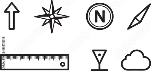 A set of essential navigation symbols, representing direction, orientation, and scale. 