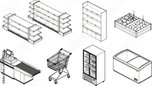 An organized arrangement of essential supermarket and grocery store fixtures, offering a clean, professional aesthetic for commercial use. 
