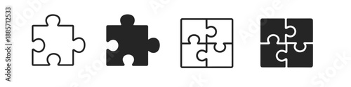 Set of puzzle pieces icons, single and assembled, in outline and solid black styles