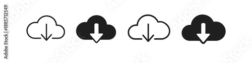 Cloud download icons in outline and solid styles for digital data transfer