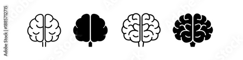 Set of four brain icons in outline and solid fill styles for medical and science concepts