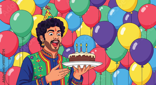 Surprised man holding chocolate birthday cake with colorful balloons