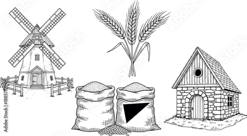 Vintage farm milling illustration set featuring traditional windmill wheat ears grain sacks and rustic stone barn isolated white background agriculture countryside engraving