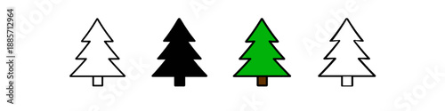 Set of four stylized Christmas tree icons in different colors and outlines