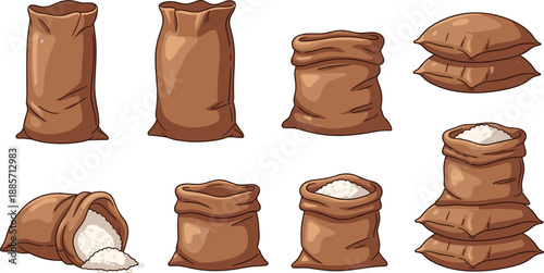 Brown grain and flour sacks collection vector illustration set isolated on white background