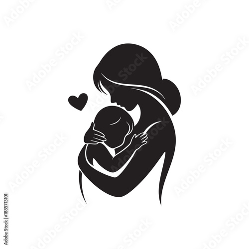 Silhouette of Mother Holding Newborn Child Symbol of Love, Protection, and Motherhood.