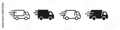 Set of four fast delivery truck icons in black and white outline and solid styles