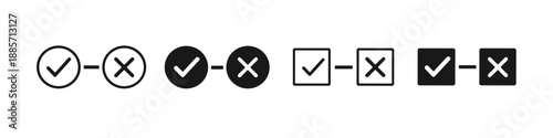 Set of checkmark and cross icons in circles and squares, representing choices and decisions