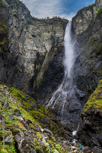view of the scenic Vettisfossen waterfall in the Utladalen Valley of central Norway