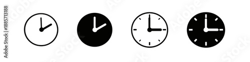 Four different clock icons showing various times on white and black backgrounds