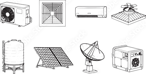 An organized collection of utility illustrations, each element of the setup a crucial piece of the infrastructure puzzle. The detailed outlines capture the essence of air conditioning, energy.
