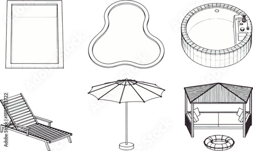 A collection of inviting outdoor features, illustrated in a clean, modern style. Showcasing a range of elements for relaxation and leisure. 