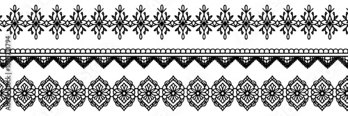 Intricate black lace border with filigree knots and openwork patterns, resembling Victorian lace, set against a plain white background