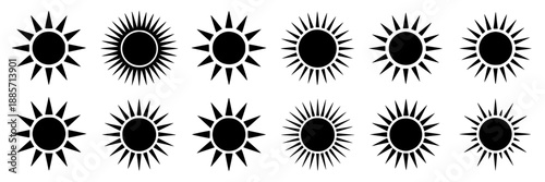 A collection of twelve stylized black sun icons, each with a different ray pattern and a solid black center, arranged in two rows on a white background.