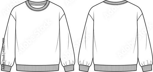 Crew neck sweatshirt sketch, long sleeve fashion drawing, ribbed cuffs and hem, front and back view, flat vector illustration