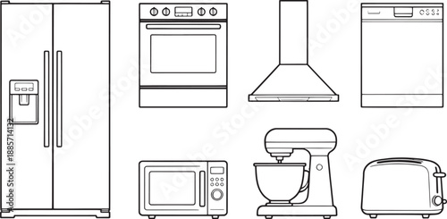 A collection of essential kitchen appliances is elegantly arranged in a clean, minimalist illustration, featuring a refrigerator, oven, range hood, dishwasher, microwave, mixer and toaster. 