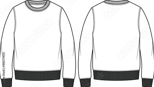 Crewneck sweatshirt sketch, contrast ribbed neckline and cuffs, long sleeve fashion drawing, front and back view, flat vector illustration