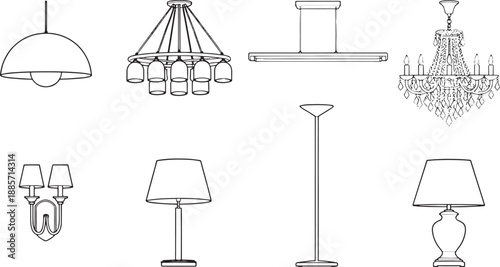 Illustrative array of diverse lighting fixtures showcasing various elegant lamps, from chandeliers to modern designs, designed for home and interior decor.
