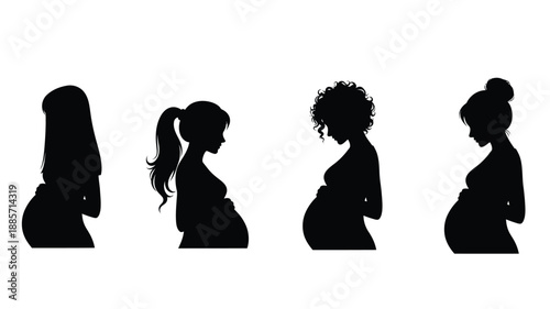 Pregnant women in profile view depicting stages of pregnancy silhouette